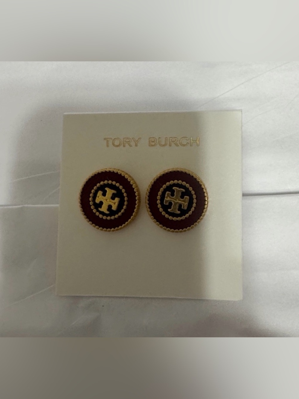 Tory Burch Round Double T Logo Enamel Stud Earrings Burgundy Red Gold Tone